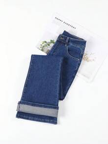 HIMARRI Jeans acampanados de cintura alta elegantes, mezclilla de color sólido, pantalones largos para todas las estaciones con detalle de botón, tela de alta elasticidad, campana tejida azul sólido. - Azul - Ver 4