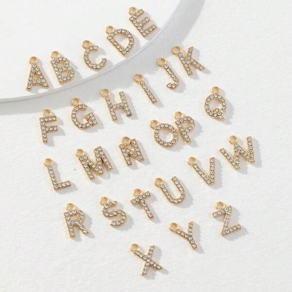 26pcs Fashionable 3D Zinc Alloy Rhinestone A-Z English Letter Pendant, Earrings, Necklace, Bracelet, Phone Case Zipper Pull DIY Jewelry Findings