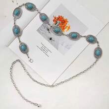 Women's Metal Chain Belt With Turquoise Oval Waistband - Silver - View 5