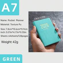 1pc 2026 New A7 Size English Planner Notebook, Mini Portable Pocket Daily Schedule Notebook, 64 Sheets 128 Pages Thin Weekly Calendar Notepad, Includes Annual Calendar, Monthly, Weekly And Daily Plan, PU Leather Cover, 4.17*3.07 Inch, 2026 New Version,School Supplies,Back To School