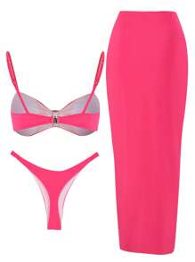 3件套纯色高腰比基尼套装女士性感高开叉夏季沙滩度假长裙欧美风