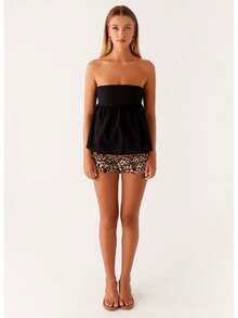 Women Summer Flowy Tube Top Y2k Solid Color Strapless Off The Shoulder Loose Fit Babydoll Bandeau Crop Tops Backless Sleeveless Going Out Tops Vests Shirts Casual Streetwear - 黑色 - 查看 5