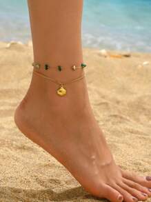 1 18k Gold-Plated Women's Stainless Steel Ankle Chain With Shell Accessories Featuring Ocean Elements A Women's Gold-Plated Ankle Chain Designed With A Combination Of Long And Short Beach Vacation Style