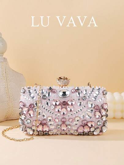 حقيبة سهرة ذهبية وردية مرصعة بالكريستال من LU VAVA لأعراس الزفاف، حقيبة مسائية مزينة باللؤلؤ اليدوية للحفلات والسهرات وعشاء