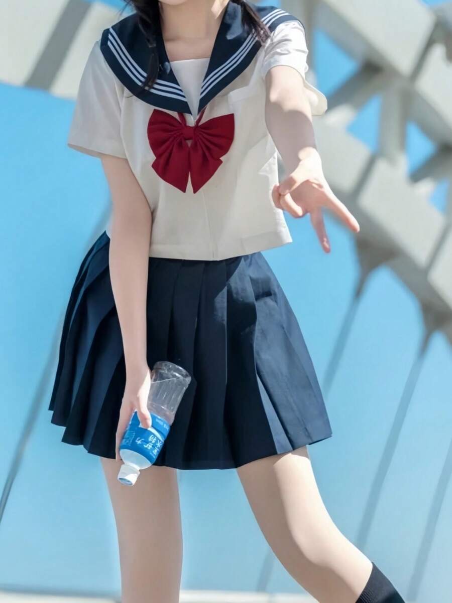 可愛校園風水手領Cosplay制服，經典設計配蝴蝶結與百褶裙，3件組JK水手服秋季款