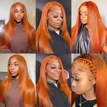 34 Inch Straight Orange Ginger Lace Frontal Wigs Human Hair 350 Colored Brazilian 13X4 HD Transparent Lace Front Wigs 200% Density For Women - S350 - Xem 5