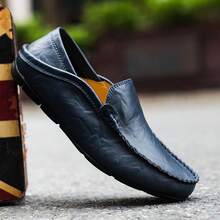 Zapatos de cuero para hombres, mocasines clásicos, suaves y transpirables, zapatos casuales y de negocios tipo slip-on para primavera - Azul - Ver 4