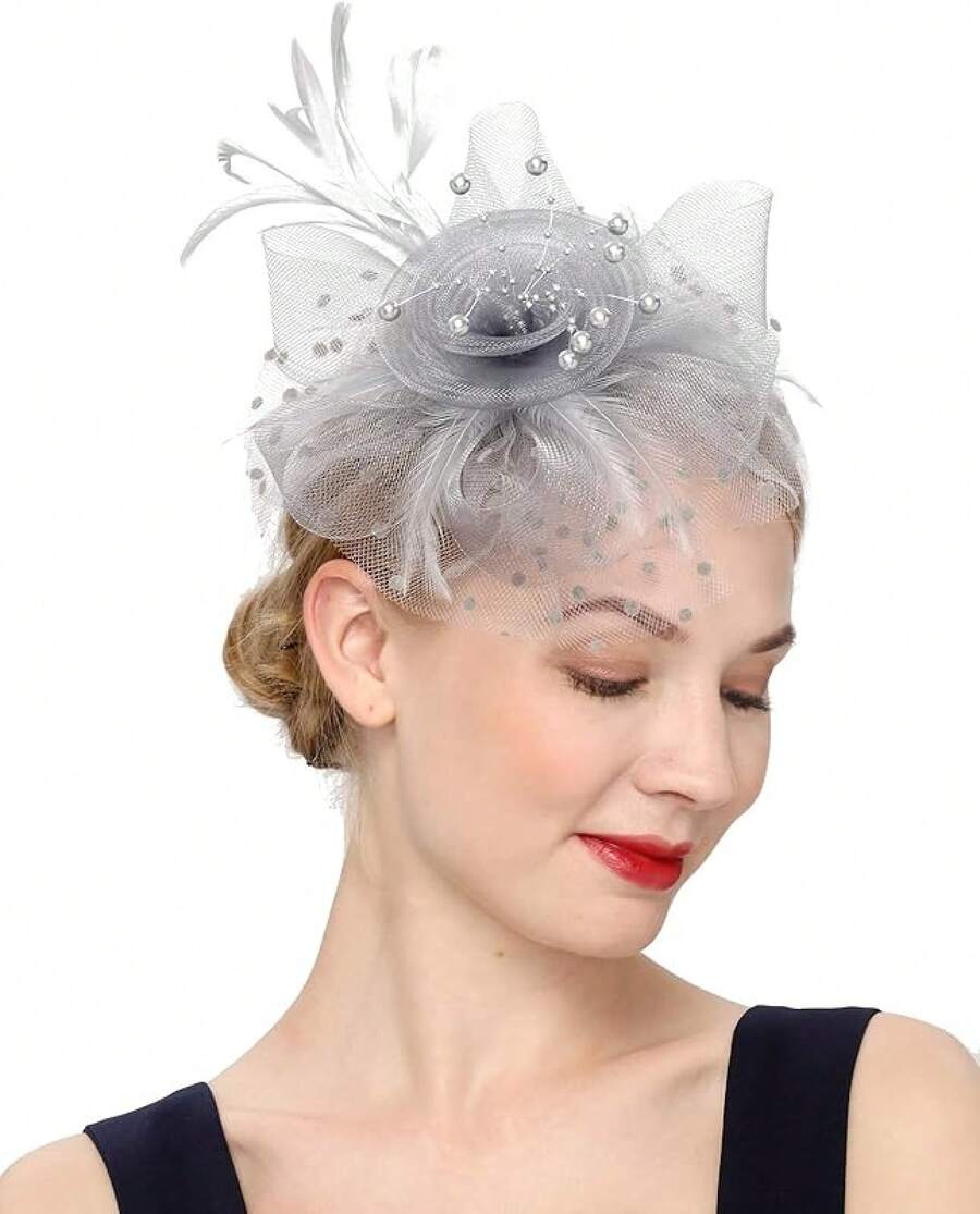 Fascinators Hat Women Tea Party Headband Derby Wedding Flower Cocktail Mesh Feathers Hair Clip - 1-銀灰色 - 查看 1