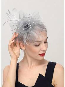 Fascinators Hat Women Tea Party Headband Derby Wedding Flower Cocktail Mesh Feathers Hair Clip - 1-銀灰色 - 查看 3
