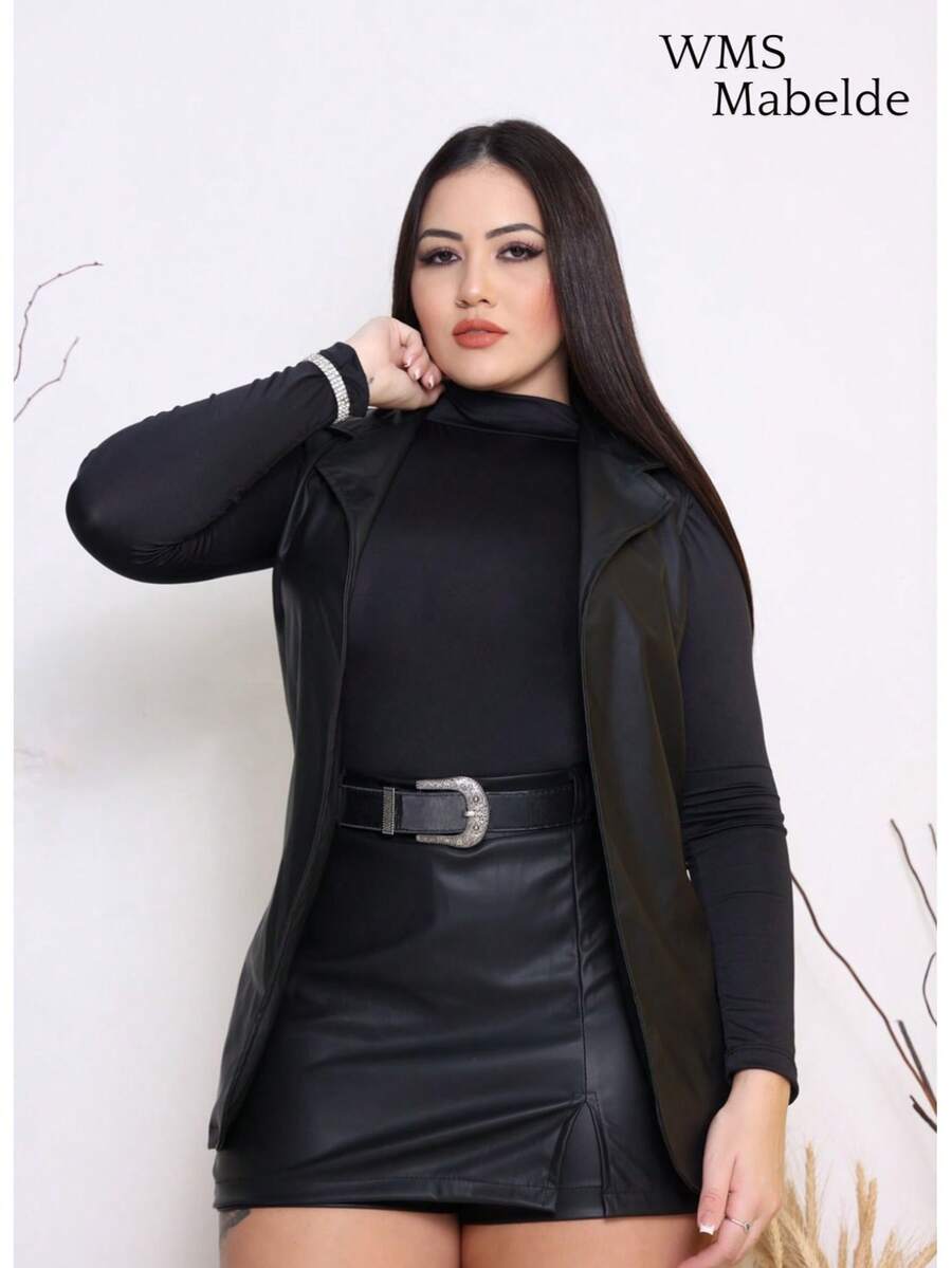 MABELDE 3-Piece Set Shorts Skirt, Bodysuit And Blazer For Women São João Winter Valentine's Day Color Block Elegant Party Zipper Pocket Button Beach Night - 黑色 - 查看 1