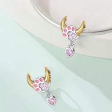 1 pièce Pendentif d'amour pour femmes avec zirconium rose scintillant, motif patte d'animal de compagnie chat chien, lune et étoile, en argent sterling 925. Idéal pour le DIY de bracelet, collier, cadeau d'anniversaire. Parfait pour un port quotidien pour épouse et amies.