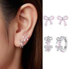 WOSTU 1 PC 925 Sterling Silver Pink Bow Stud Earrings Enamel Process Cute Hoop Earrings Stacked For Women Girl Original Fine Jewelry Gift