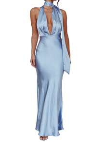 Women's Satin Halter Dress Solid Color Deep V-Neck Backless Slim Long Dress For Party - Blue - View 7