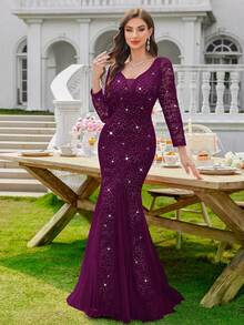 MIUSOL 亮片花卉蕾丝深V领长袖网纱鱼尾晚礼服/婚礼宾客礼服/正式礼服，适合情人节、春季优雅派对 - 紫紅色 - 查看 11