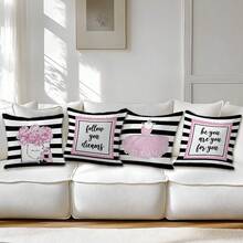 4 件套简约黑、白、粉色礼品靠垫套套装，单面印花柔软桃皮毛绒面料，45*45 厘米枕套适用于房间装饰、室内沙发客厅装饰、派对装饰、装饰枕套礼物