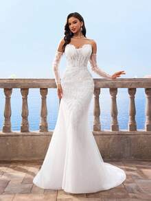Elasola HEARBOBO Romantic Elegant Noble & Cute White Lace Appliques Mermaid Wedding Dress With Train,Suitable For Beach,Lawn Wedding Party Elegant - White - View 8