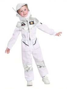 1 Set White Kids Astronaut Costume With Helmet-Style Fabric Hood, Sci-Fi Style, Height 110-140CM, Space Theme Party/Halloween/Stage Performance/School Play - White - View 3