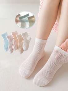 5 Pairs Kids Solid Color Cute Rabbit Net Design Breathable Mid-Calf Socks, Stylish For Boys And Girls Casual Daily Wear - Multicolor - View 2