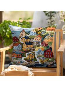 1pc 45.72 X 45.72 Cm Double-Sided Pillow Case With 2D Design Of Fishing Village Fjällbacka, Sweden, Suitable For Sofa, Bedroom, Outdoor And Living Room (Pillow Insert Not Included), No Embroidery
