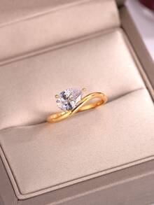 1pc Fashionable European & American Style Copper-Plated Teardrop Zirconia Ladies Single Ring, Engagement, Proposal, Daily Accessory, Anniversary, Birthday, Holiday Gift - Gold - View 2