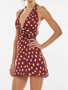 Womens Boho Floral Print Halter Neck Bodycon Dress Summer V Neck Sleeveless Backless Ruched Party Mini Dress Beach Vacation Sundress - Brown - View 2