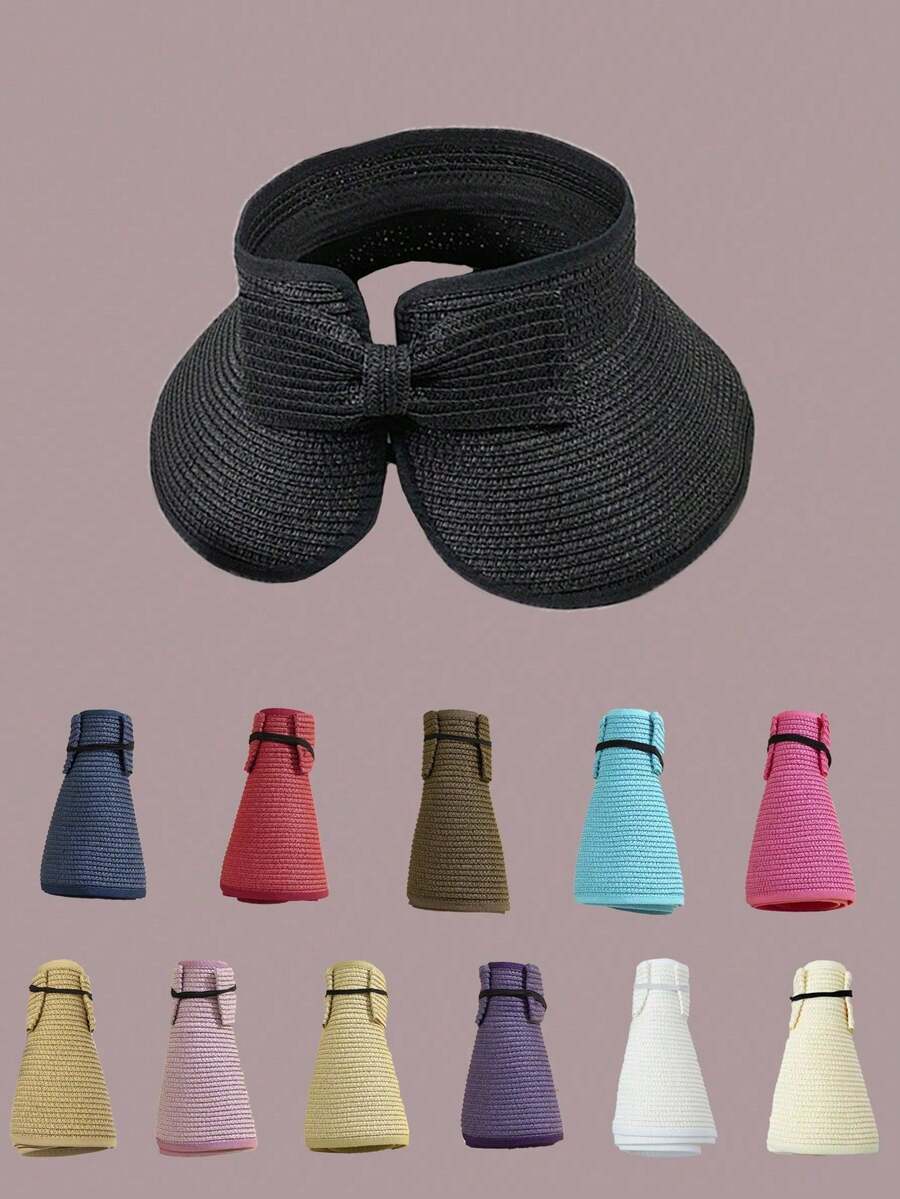 1pc Women's Candy Colored Bow Decor Wide Brim Sun Hat, Foldable & Fashionable, Suitable For Beach, Travel, Outdoor Activities And Cycling In Summer - Khaki - View 1