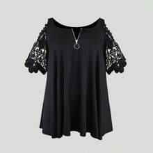 Fashionable Minimalist Versatile V-Neck Zipper Contrast Lace Hollow Out Short Sleeve T-Shirt - Black - View 6
