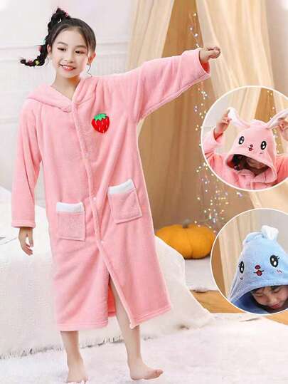 1 件儿童连帽兔子设计加厚珊瑚绒斗篷浴袍，男女通用