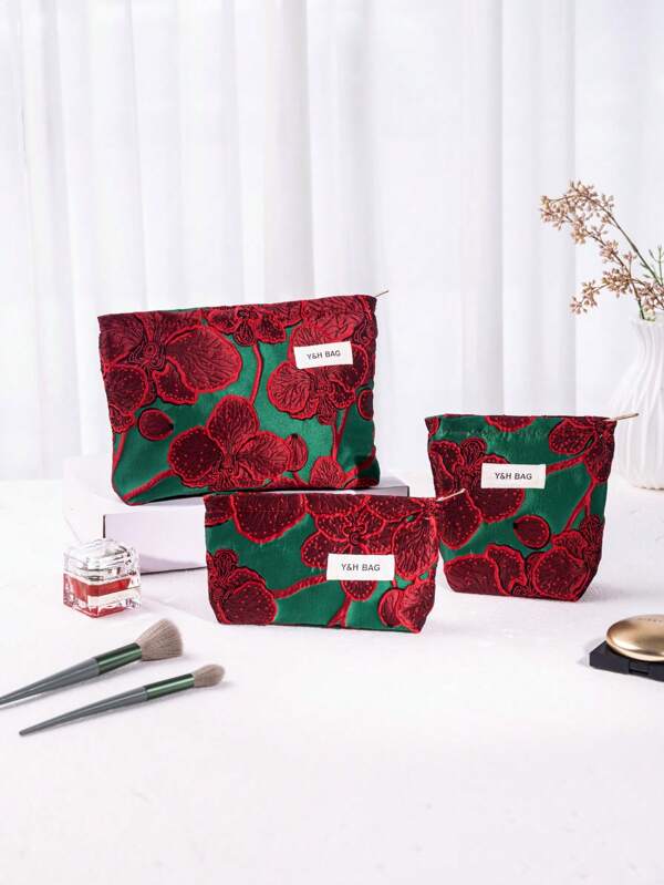 New Vintage Chinese Red Jacquard Canvas Cosmetic Bag: Large-Capacity Premium Handheld Pouch With Storage & Coin Purse Functionality