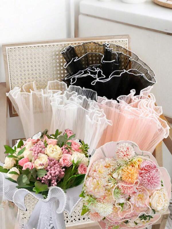 2 Piezas de Papel de regalo arrugado con flores de perlas falsas, papel de envolver de organza arrugada con flores de perlas falsas para arreglos florales, papel de gasa de red floral DIY con ondas arrugadas, para suministros de floristería para bodas, aniversarios, cumpleaños, fiestas, decoración de vacaciones y regalos de graduación