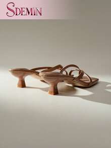 SDEMIN 夏季新款女士纯色拖鞋，优雅度假鞋，休闲沙滩高跟凉鞋，时尚易穿高跟鞋，适合正装 - 杏色 - 查看 7