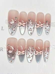 10 件可爱粉色豹纹腮红法式猫眼美甲蝴蝶结手工亚克力按压指甲长杏仁假指甲带果冻胶和指甲锉，DIY 美甲用品适用于情人节音乐节学校旅行