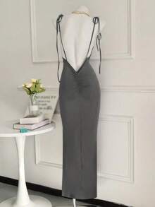 女士纯色露背细肩带连衣裙优雅鱼尾下摆无袖紧身礼服适合度假、约会、日常穿着、派对、俱乐部女士服装、节日、春夏女士长裙