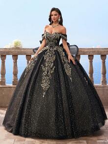 Vestidos de bola estilo Bridgerton con hombros descubiertos y malla negra para mujeres, vestido de novia de línea A de manga abullonada extra grande para la novia - Negro - Ver 11