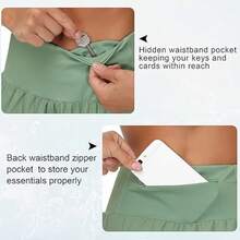 Womens High Waisted Running Shorts Quick Dry Athletic Workout Shorts With Mesh Liner Zipper Pockets - Army Green - View 3