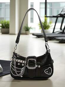 Y2K 风格小号单肩包磁性密封，PU 材质，涤纶衬里，链条肩带，朋克风格设计，非常适合购物和拍照。