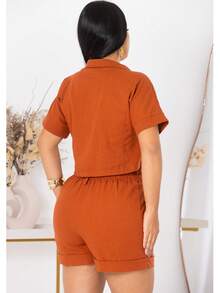 Linen Set - Coat And Shorts With  Style - Camel - View 2