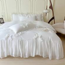 MOOWOOO Chic Lace & Bow Comforter Set For Women | Ruffled Bedding Collection With Pillowcases |  Home Elegance,White - White - View 4