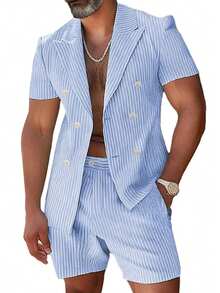 INCERUN Fashion Men Buttons Stripe Short Sleeve Blouse Blazer Coat Shorts Pants Summer Holiday Casual 2PCS Sets Outfits