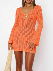 V-Neck Hollow Circle Decor Sexy Bell Sleeve Solid Color Long Sleeve A-Line Short Beach Cover Up Dress