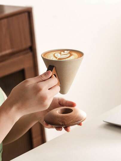 1pc 250ml Ceramic Funnel-Shaped High-End Creative Coffee Cup With Wooden Saucer Set, Large Latte Art Cup, Suitable For Home, Office, Cafe, Great Gift