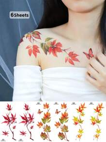 6pcs Red & Yellow Maple Leaf Temporary Waterproof Tattoo Sticker, Fashion Body Art Arm Sleeve Fake Tattoo For Men Women Party Festival Body Makeup