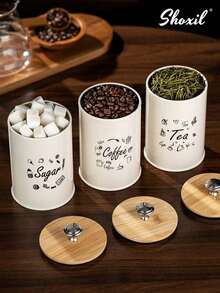 shoxil 3pcs Coffee, Sugar, Tea Canister Set With Airtight Bamboo Lid, Metal Leak-Proof Jars, Space-Saving Sealed Cans, Vintage Kitchen Container For Food Storage - Coffee & Tea & Sugar - View 9