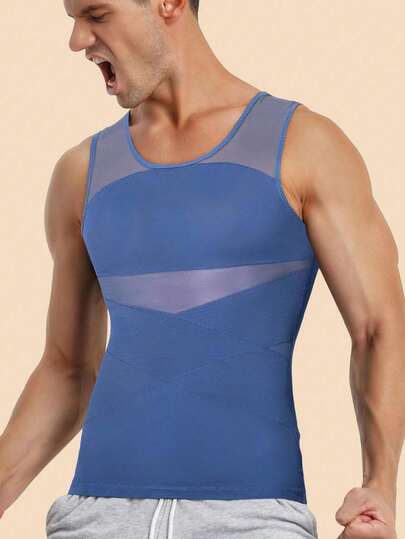 Camiseta de compresión para hombre - Camiseta de tirantes con control de barriga, chaleco moldeador corporal, camiseta interior ajustada para fitness, color azul claro fresco