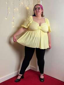 Enliva Abidrinkell Plus Size Solid Color Women Puffy Sleeve Bow Front Peplum Peasant Casual Summer Shirt, Yellow, Back To School Cute Lunch Casual Clothes For Easter, For Apple Rounded Body Shape - Yellow - View 7