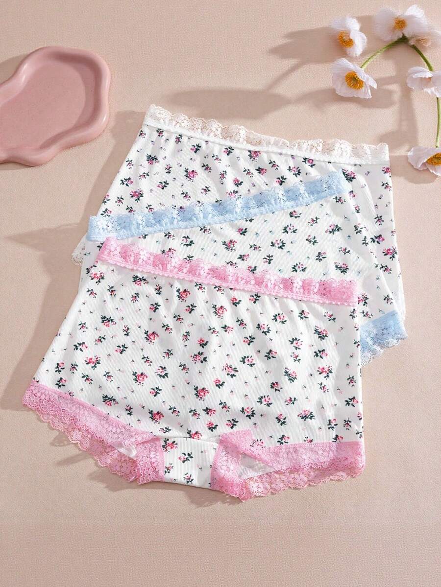 3pcs/Pack Lace Trim Cute Print Women's Boyshort Panties - Multicolor - View 1