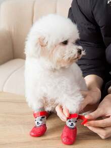 4 件套狗猫防水鞋袜，宠物冬靴，防雨雪狗狗靴子，适用于小型犬防滑，防污小狗鞋，红色