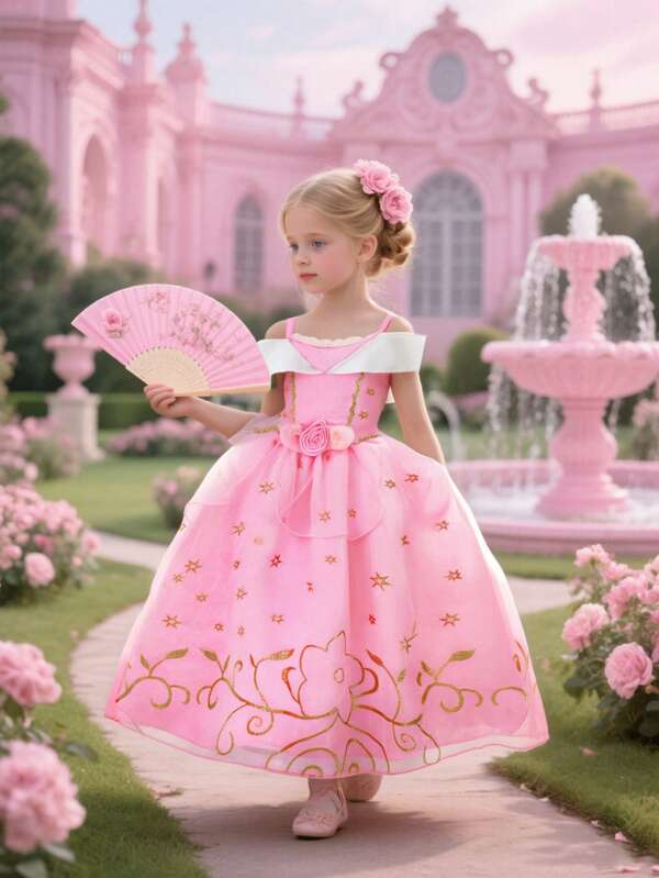 Young Girl Pink Off-Shoulder Princess Dress With Crown, Magic Wand, Necklace, Bracelet, Earrings, Ring, Gloves Decorative Set. Floral Print Elegant Princess Gown, Suitable For Carnival Role Play, Outings, Friends Gathering, Birthday Party, Princess Party, Stage Performance, And Other Major Events