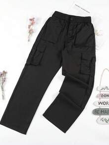 Vaqueros oscuros de mujer, estilo de cintura alta y pierna ancha con bolsillos tácticos, ideales para salidas diarias, compras, viajes y moda casual - Negro - Ver 4