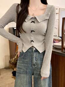 Vintage American Sexy Bowknot Collar Long Sleeve T-Shirt For Women, Slim Fit Casual Tee